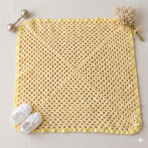 Handmade 31x31 Vintage Heirloom Crochet Baby Blanket Buttercream Yellow Ribbon